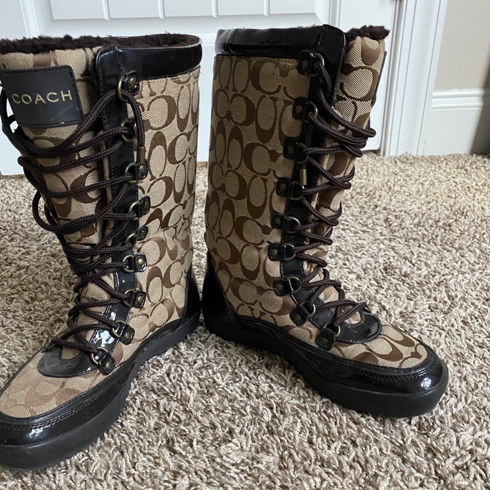 Brown furry coach winter boots